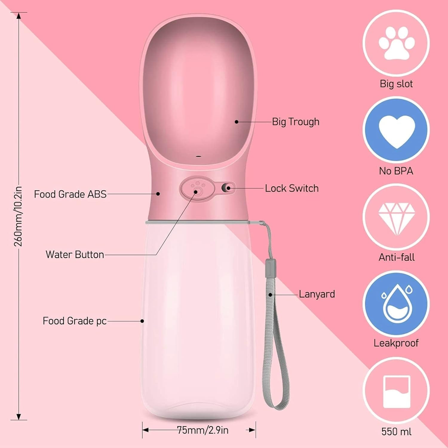 Dog Water Bottle (Cherry Pink 19Oz)
